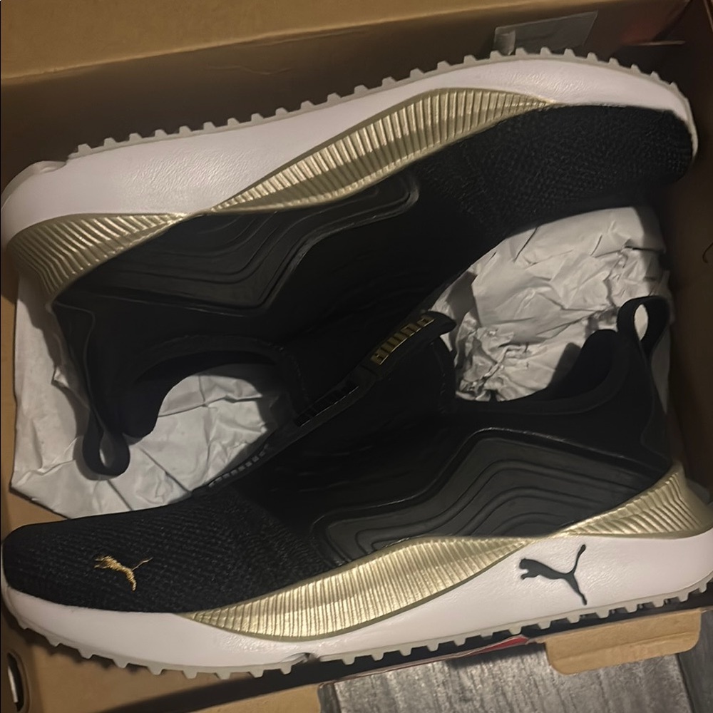 Puma Black and Gold Sneakers with Suede Finish